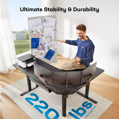 63″ Electric Height Adjustable, Dual Motor L-Shaped Standing Desk, Built-in Power Outlets