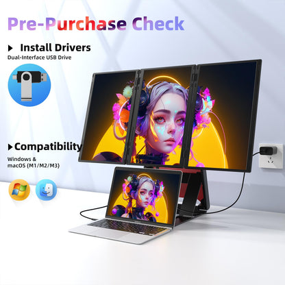 Quad Laptop Screen Extender, 15.6" FHD 1080P Triple Monitor, Combine into One 30" Screen