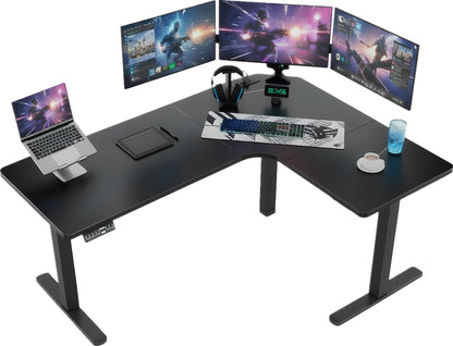 63″ Electric Height Adjustable, Dual Motor L-Shaped Standing Desk, Built-in Power Outlets