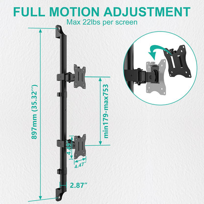 Wall Mounted Dual Stacked Monitor Mount for 17-38 Inch - 2 Screens 22lbs each