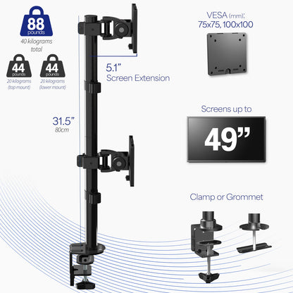 VIVO Dual Vertically Stacked Ultra-Wide Monitor Desk Mount for up to 49 inch Ultrawide Screens, Extra Tall Heavy Duty Adjustable Stand Holds 44 lbs Per Screen