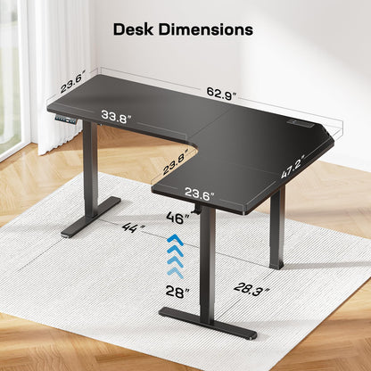 63″ Electric Height Adjustable, Dual Motor L-Shaped Standing Desk, Built-in Power Outlets