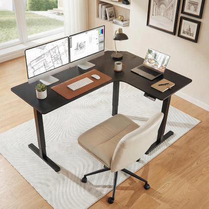 63″ Electric Height Adjustable, Dual Motor L-Shaped Standing Desk, Built-in Power Outlets