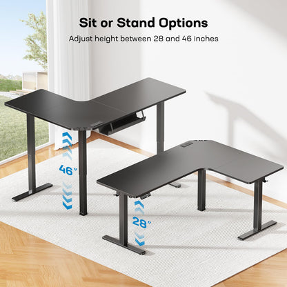 63″ Electric Height Adjustable, Dual Motor L-Shaped Standing Desk, Built-in Power Outlets