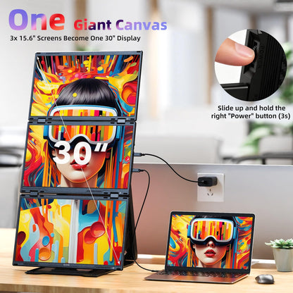 Quad Laptop Screen Extender, 15.6" FHD 1080P Triple Monitor, Combine into One 30" Screen